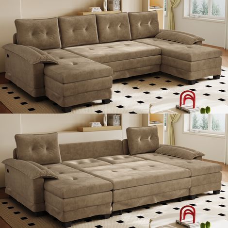 Divano letto modulare a U 278 x 127 x 87 cm in ciniglia kaki con USB - CHICFURN (1/5)