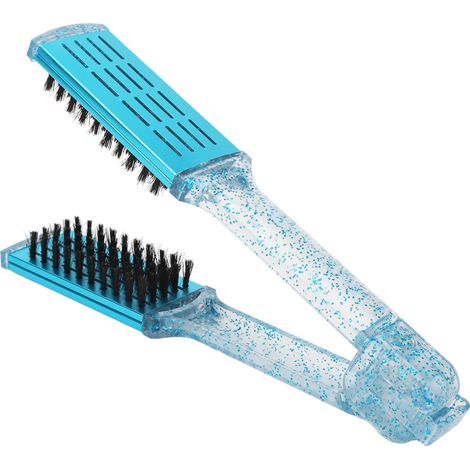 Lisseur Brosse Double Face avec Pince, Outil de Coiffage et Lissage Professionnel Bleu
