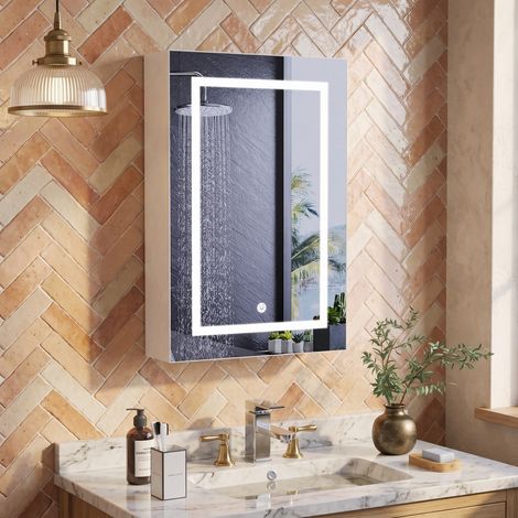JOOKGBD–Armoire toilette miroir LED anti-buée,1 porte,étagère réglable,contrôle tactile,luminosité réglable,couleur réglable,blanc,50x15x70cm (1/5)