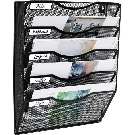 Wandmontierter Aktenorganizer mit 5 Fächern aus Netzgewebe, Hängeregistratur für den Schreibtisch, Zeitschriftenständer, Briefsortierer, Ablagefach mit Namensschild