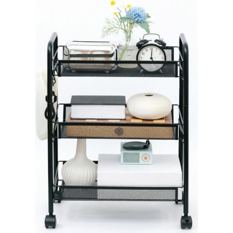 Servierwagen mit 3 Ebenen, Netzkörben und Haken, Stahl schwarz, 45 x 26,5 x 63 cm (1/5)