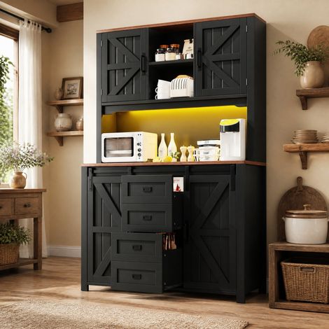 Buffet haut de cuisine 115 x 40 x 174,7 cm noir en MDF et métal avec LED (1/5)