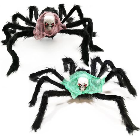Décorations d'Halloween avec des têtes de fantômes, 2 araignées géantes de 75 cm, Ha (1/5)
