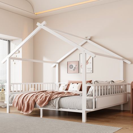 Cama infantil tipo casita de metal 140 x 200 cm con barandillas blancas DESVIAE (1/5)