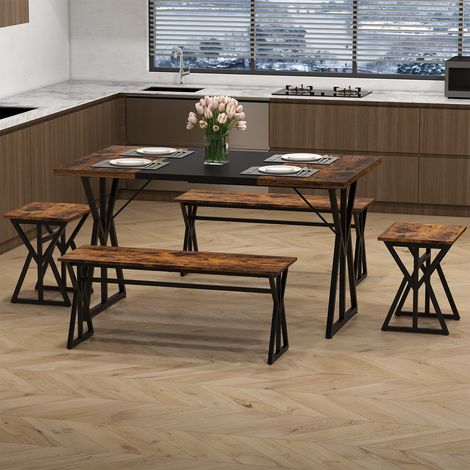 Set de salle à manger 5 pièces pour 4-6 personnes, table de cuisine rectangulaire industrielle avec 2 bancs - marron (1/5)