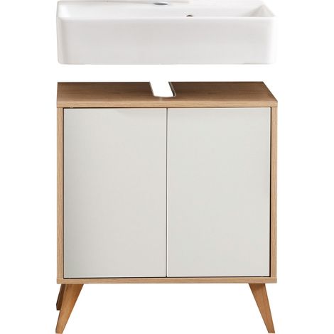 FACKELMANN FINN Badmöbel Set 3 Teile / Waschbecken / Waschbeckenunterschrank / 4 Holzfüße / Badschrank mit Push-to-Open / Korpus & Front: Weiß / Rahmendekor & Füße: Braun hell / Breite: 60 cm"-"06218 (1/5)