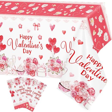 Lot de 3 nappes pour la Saint-Valentin, nappes jetables roses en forme de cœur, rectangulaires 137x274cm avec décorations en plastique rose. (1/5)
