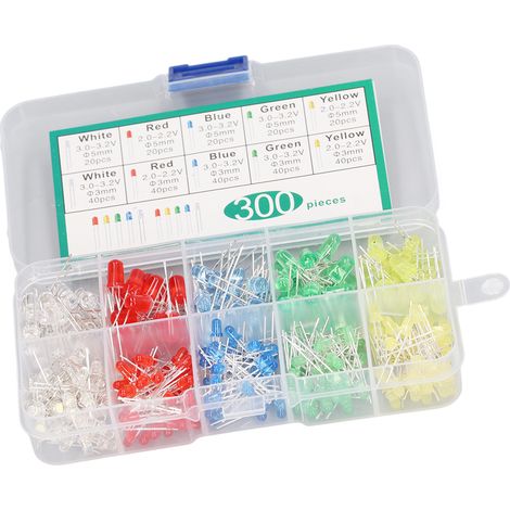 【300PCS】LED 3mm 5mm Diodes Émettrices Lumineuses, 5 Couleurs F3 F5mm, Rouge Jaune Bleu Vert Blanc (1/5)