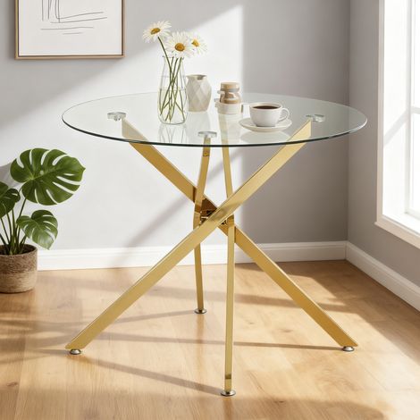 Tavolo rotondo 80x80x76 cm oro in vetro e metallo con piano in vetro temperato e base stabile (1/5)