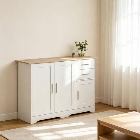 Sideboard mit 2 Schubladen und 2 Türen, 100 x 40 x 78 cm, weiß und Naturholzoptik HAVRYA (1/5)