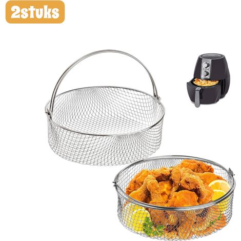 Lot de 2 paniers à friture en acier inoxydable, empilables, pour friteuse à air chaud, cuiseur vapeur, grille multifonctionnelle et déshydrateur alimentaire. Ronds, argentés. (1/5)