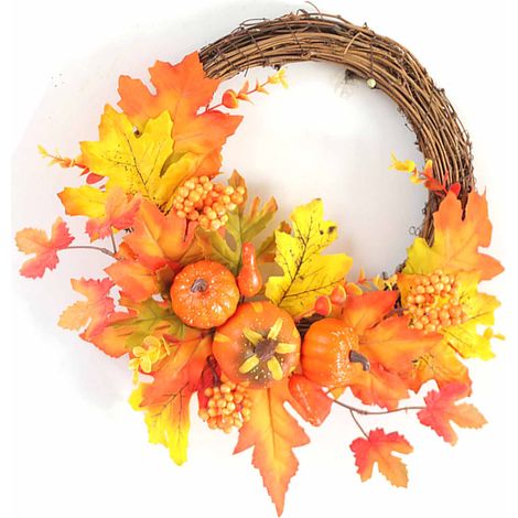 Couronne Automne 12 Inch Décor Chêne Porte Pumpkin Maple Leaves Fall Harvest Autumnal Realistic Design Polyuréthane Fabrication 30cm Plaque Mural (1/5)