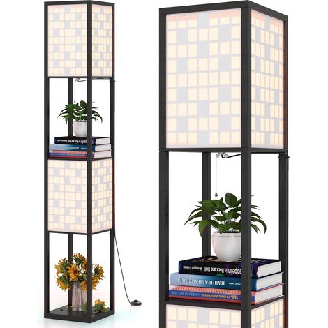 COSTWAY 2-Light Floor Lamp Wooden Shelf Lamp with Shelves-Black (1/5)