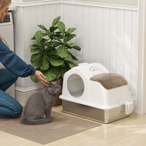 Maison de toilette pour chat avec couvercle amovible. bac à litière chat fermé côtés hauts. 60.5x40.5x42cm. blanc