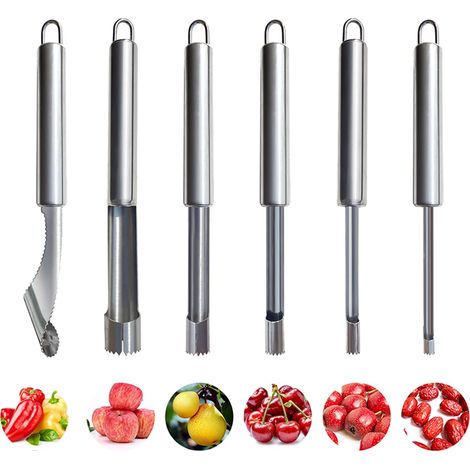 Ensemble de 6 pièces multifonctions pour fruits et légumes : éplucheur et dénoyauteur pour pommes, poires, cerises, jujubes, baies et piments, argent (1/5)