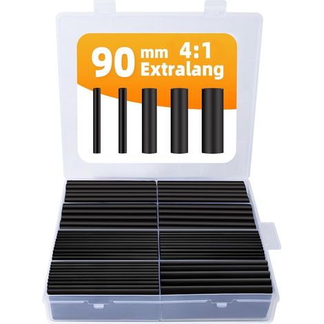 Set di guaine termorestringenti - 90 mm, ultra lunghe, rapporto 4:1 - Con adesivo e impermeabili - Per cablaggi e auto - Guaina termorestringente - Nera - 5 misure - 100 pezzi (1/5)