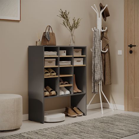 Schuhschrank Hermia, Anthrazit/Goldkraft Eiche, 78.6 x 99 cm mit 12 offenen Fächern, Vicco (1/5)