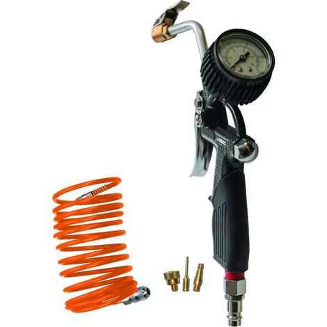 ABAC Kit de Gonflage a Compresseur 5 Pieces G-812IG, Comprenant un Gonfleur de Pneus avec Manometre, un Tuyau en Spirale de 5 m, 3 Embouts de Gonflage, Pression Max. 8 Bar