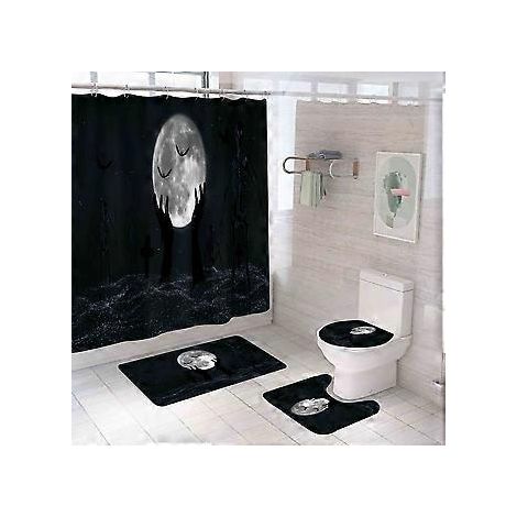 Halloween-Duschvorhang-Set „Mond“, 180 x 180 cm (71 x 71 Zoll) – Duschvorhang mit Matte, WC-Deckelbezug und mehr.