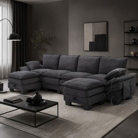 Divano modulare 4 posti in velluto a coste grigio scuro con 2 pouf, USB-C e tasche laterali (1/5)