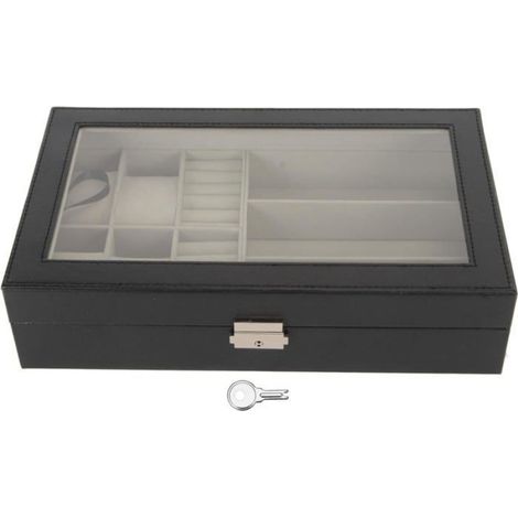 Boîte À Bijoux - Rangement Pour Montres Lunettes Anneaux - Bois Massif Cuir Pu Verre Alliage - 1 Pièce (1/4)
