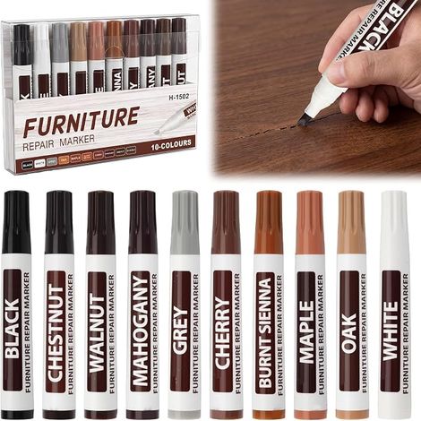 10 Pieces Wood Furniture Repair Markers, Wood Touch Up Pen for Scratches and Stains, Touch Up Felt for Laminate Parquet, Doors, Tables and Desks, Quick Drying (1/5)