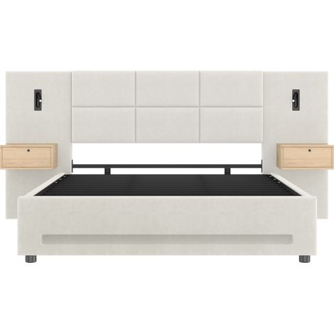 Polsterbett 160x200 cm aus beigem Samt mit Bettkasten, LED, USB-C und Metallrahmen (1/5)