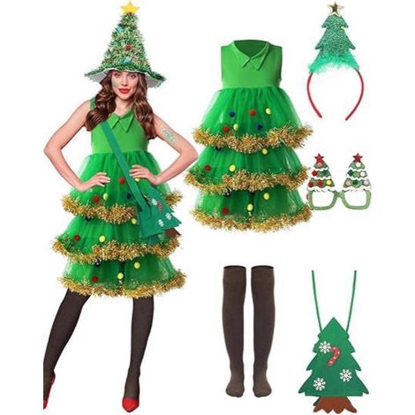 Ensemble de déguisement de sapin de Noël pour femme, tenue festive complète avec robe, chapeau, bandeau, sac, monture de lunettes et chaussettes, tenue de fête de Noël à paillettes