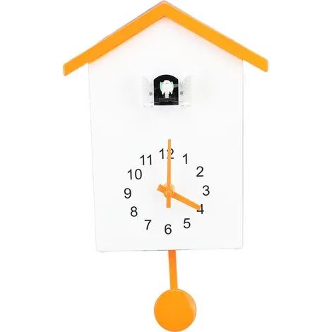 Horloge murale en forme de maison d'oiseau avec chant d'oiseau, élégante et décorative, à pendule, pour bureau, chambre, salon, toit orange (1/3)