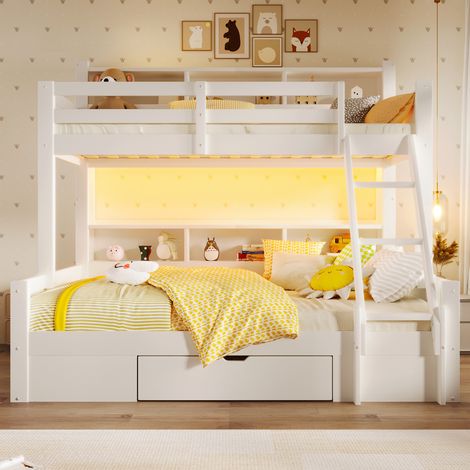 Cama litera moderna 90x200 + 140x200 cm de pino blanca, con escalera reversible, barandillas, huecos abiertos, 1 cajón y LED (1/5)