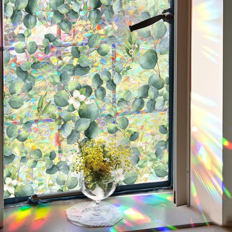 Film de confidentialité pour fenêtre 100x43cm - Décor 3D feuilles d'eucalyptus, anti-UV, effet arc-en-ciel, adhésif statique non adhésif, bloqueur solaire holographique