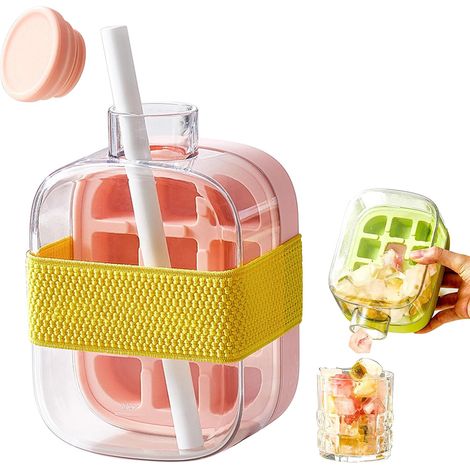 Bac à Glaçons avec Couvercle, 2 en 1 Bouteille de Glaçons avec Paille, Machine a Glacons, Glacons Moule Silicone, Ice Cube Tray, Ice Cube Bottle pour Café, Jus Boissons (rose)