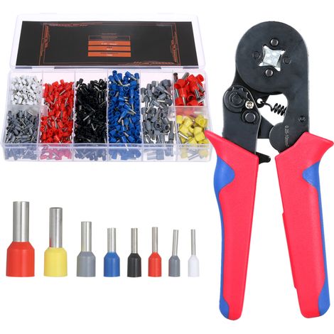 Kit de 1200 embouts de câble assortis avec pince à sertir, pour câbles de calibres 22/20/18/16/14/12/10/7 AWG. Ce kit comprend des connecteurs pour extrémités de câbles destinés aux travaux électrique (1/5)