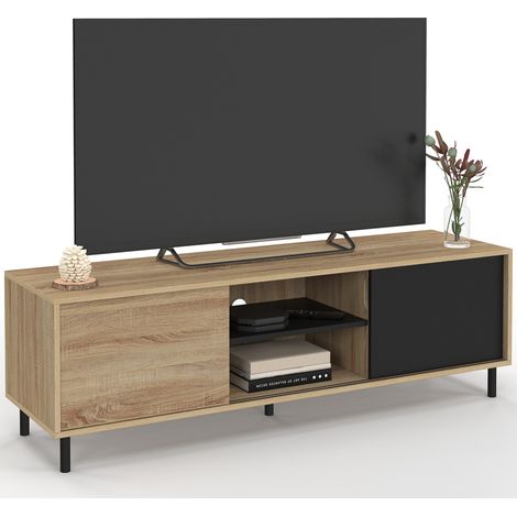 140 cm Supporto TV EASY, montaggio senza attrezzi, 2 ante scorrevoli reversibili, effetto legno e nero