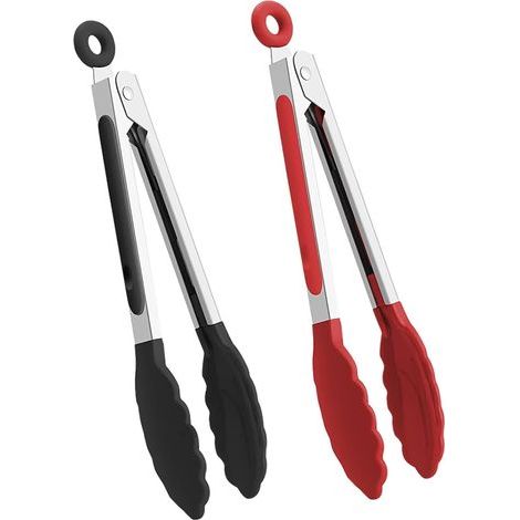 Silicone Kitchen Tongs Set of 2 for Grilling, Cooking and Serving Heat Resistant Kitchen Tongs for Non-Stick Pans BPA Free Stainless Steel Cooking Utensils - Black (1/5)