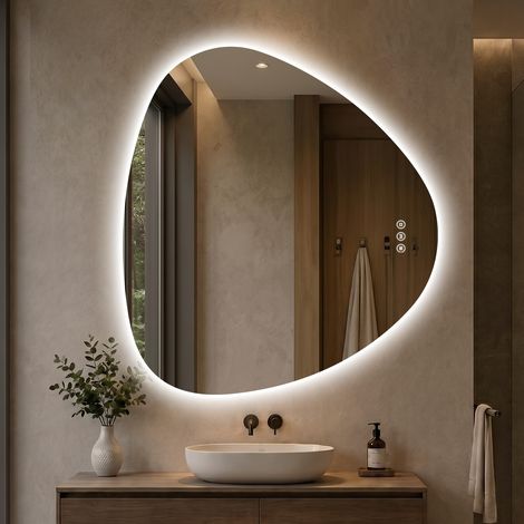 LED Badspiegel Asymetrisch dimmbar 3 Lichtfarben Antibeschlag Memory Touchschalter 80x90 cm S’AFIELINA