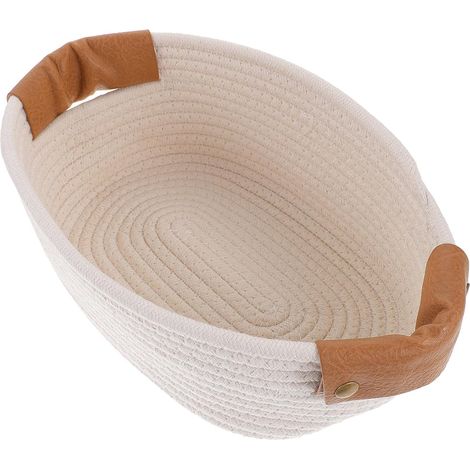 Panier de rangement élégant en corde coton avec poignée cuir pour articles toilette . ovale salle ba