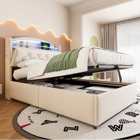 Kinderbett 90/200 cm Beige aus Samt mit Stauraum, LED und USB (1/5)