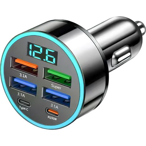 USB C Car Charger Adapter, 66W 6 Port Metal USB-C/A Car Adapter Multi PD/QC Fast Charging Cigarette with Voltmeter USB C Car Phone Charger for Galaxy, Pad，Phone 16/15/14/13/12
