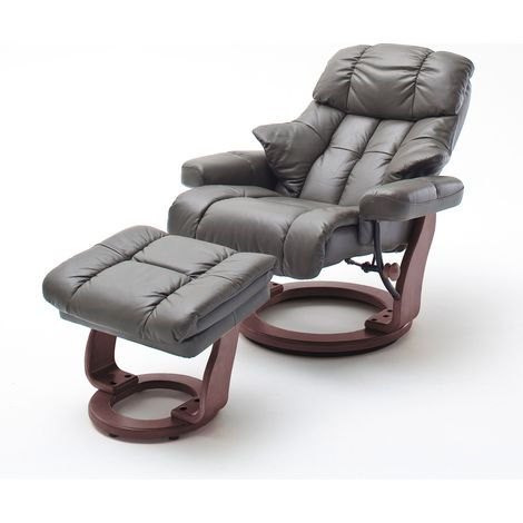Fauteuil relax rotatif en cuir gris et pied noyer - LUMOS