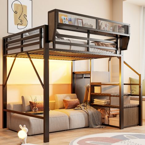Hochbett 140x200 Schwarz mit LED-Beleuchtung und Stauraum, stabiles Metallbett mit Sicherheitsleiter, platzsparendes Etagenbett für Erwachsene (1/5)