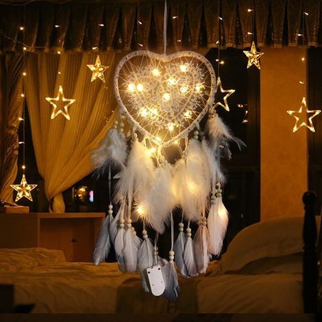 Attrape de Rêves LED, Faite Main Capteur de Rêves en Plumes Lumineux Dream Catcher pour Chambre Maison Décoration Tenture Murale Mobile Decoratif Filles Enfants Cadeau(Blanc) (1/5)