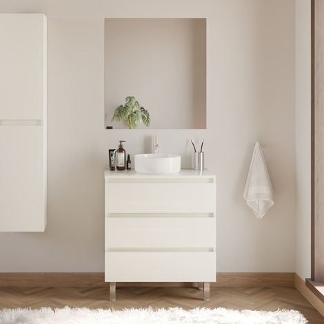 Meuble de salle de bain 60cm avec plateau et vasque à poser ronde - 3 tiroirs - blanc brillant - MAYOR