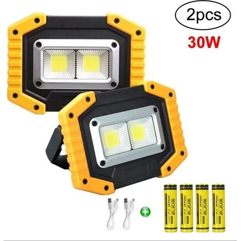 Lot de 2 projecteurs de chantier LED, 30 W, rechargeables par USB, étanches, pour le camping en extérieur.