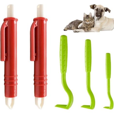 Kit de 5 pièces pour retirer les tiques des chiens, des chats et des animaux de compagnie humains (rouge, vert) (1/5)