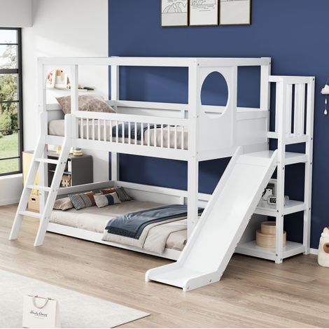 Lit superposé blanc en pin 90x200 cm avec toboggan, rangements et tiroirs (1/5)