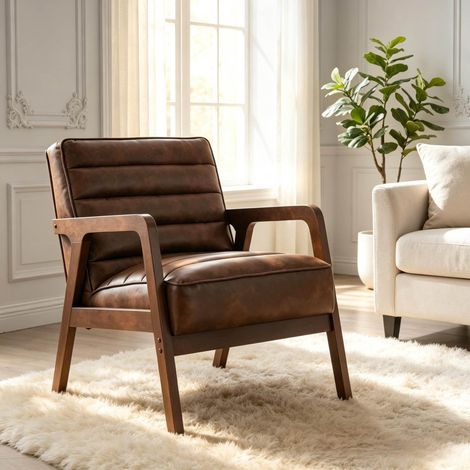 Sillón de salón acolchado en madera y piel sintética PU, asiento grueso marrón DESVIAE (1/5)