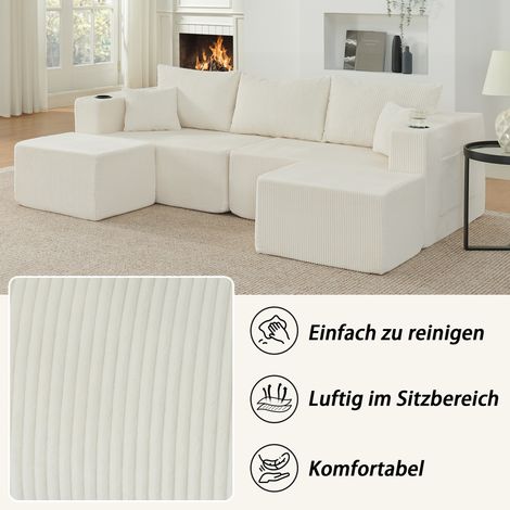 Canapé d'angle modulaire 3 places en velours côtelé beige, méridienne en L avec pouf mobile, porte-gobelets, poche latérale et coussins inclus, idéal pour salon, hôtels ou locations. (1/5)