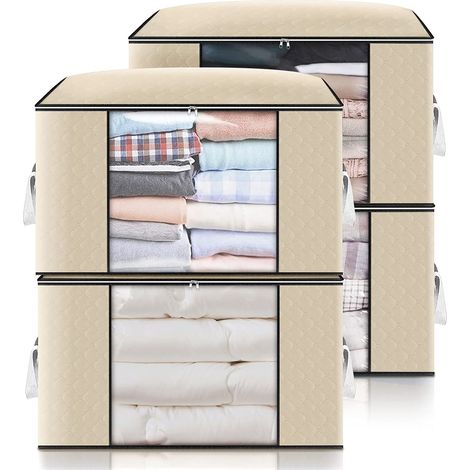 MIMOSON-4 sacs de rangement sous lit, sac de rangement grande capacité avec poignées renforcées pour couette, couverture, oreiller, jouet, veste, 60 x 40 x 35 cm (Beige) (1/5)