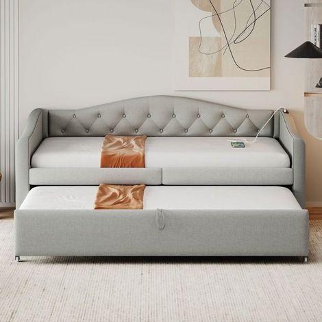 Canapé-lit extensible - GUTENT - 90x200 cm - Port USB - Tissu lin - Gris